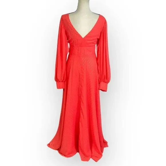 Kimberly Goldson Lesli Clip Dot Long Sleeve Maxi Dress Women's Small Coral NWOT - Picture 4 of 12